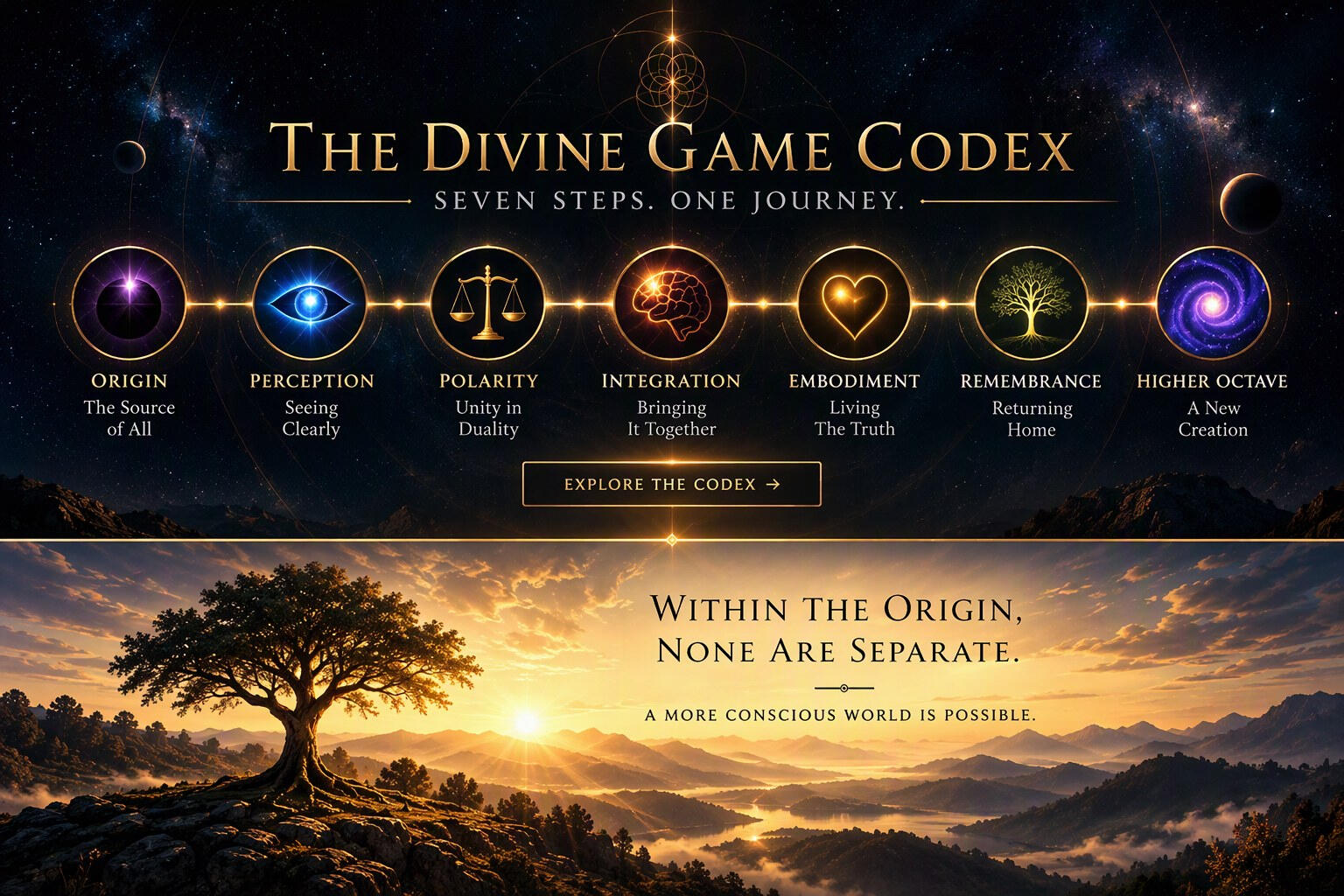 The Divine Game Codex by OrginCoreX – seven steps from Origin through Perception, Polarity, Integration, Embodiment and Remembrance to a Higher Octave.
