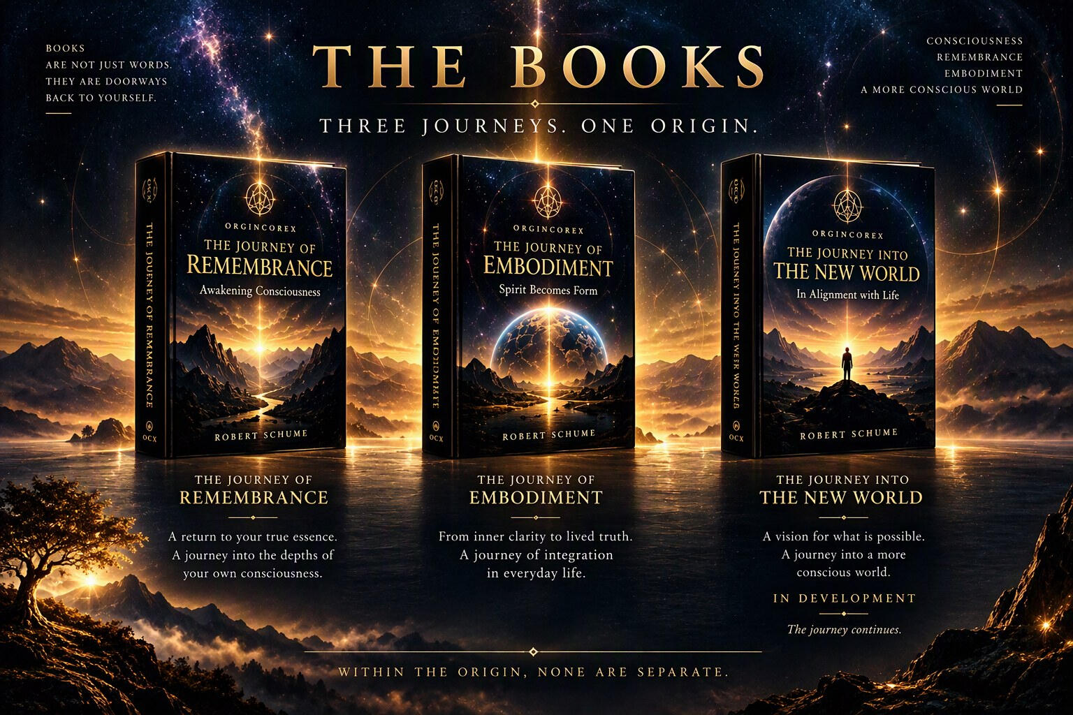 The OrginCoreX book series by Robert Schume: The Journey of Remembrance, The Journey of Embodiment, and The Journey into the New World.