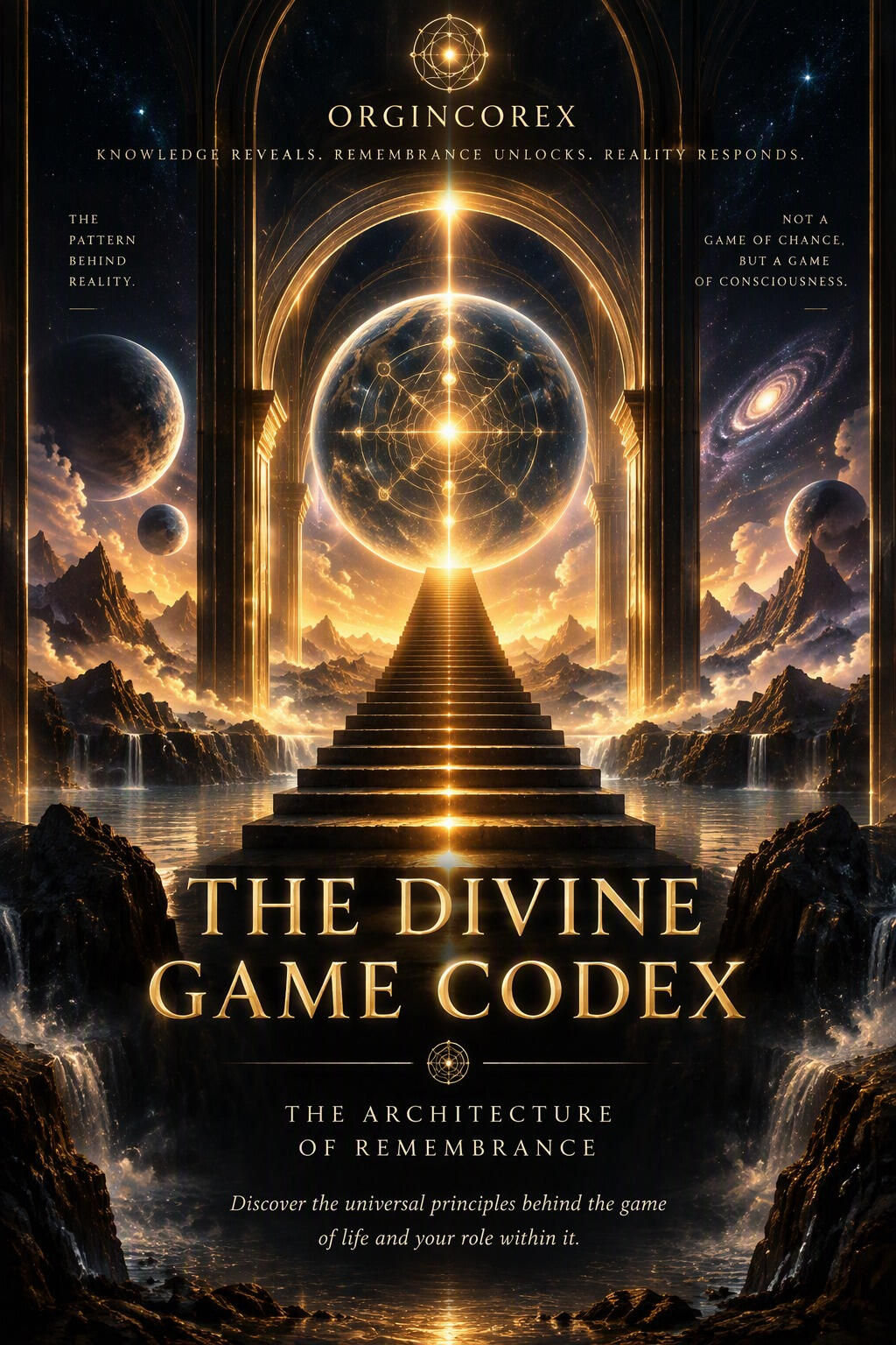 Golden cosmic gateway representing The Divine Game Codex and the architecture of remembrance.