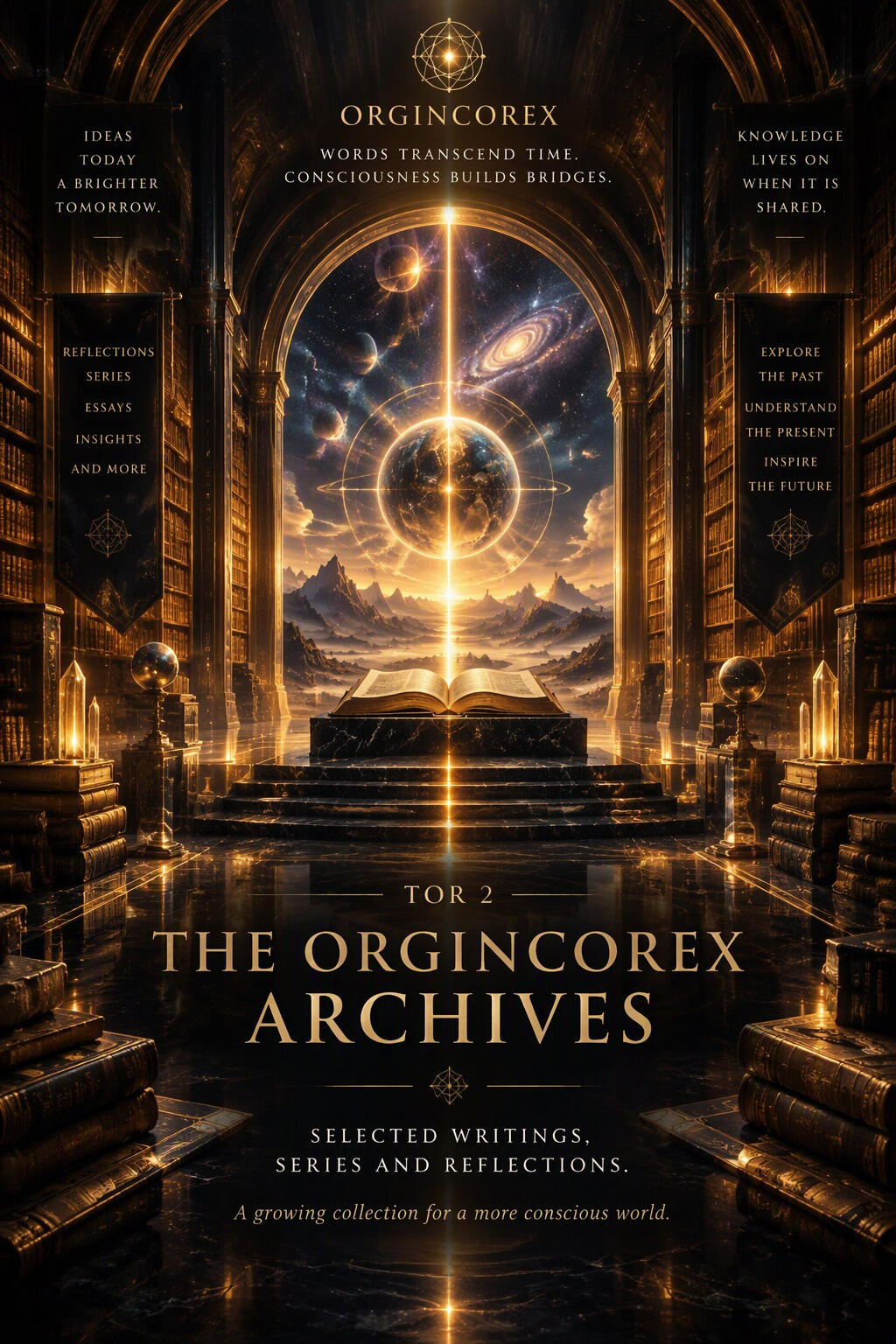 Cosmic library representing The OrginCoreX Archives, selected writings, series and reflections.