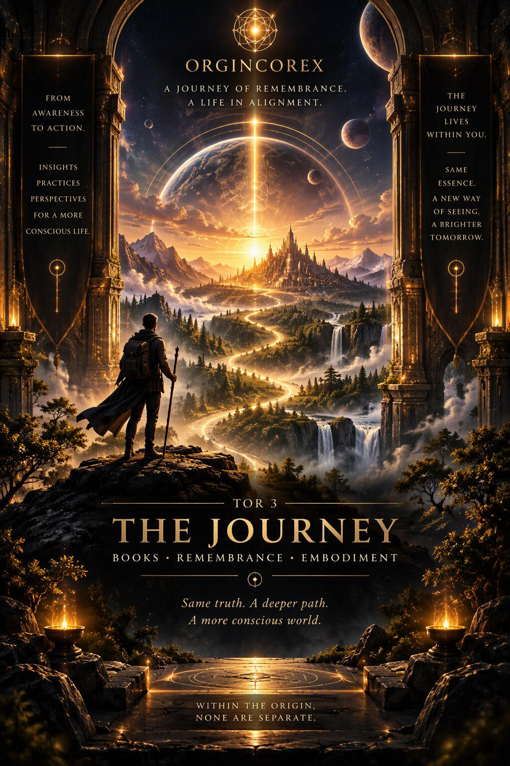 Golden illuminated journey through a cosmic landscape representing remembrance and embodiment.